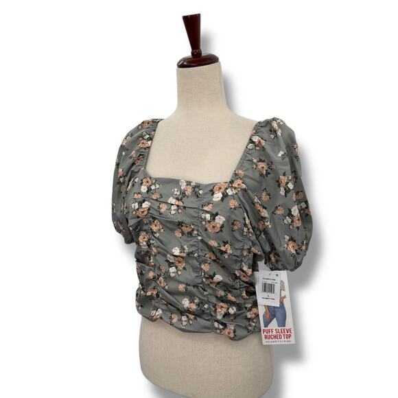 NEW Celebrity Pink Gray Floral Top Size Large Smocked ruched Puff Sleeve Crop - Picture 4 of 11